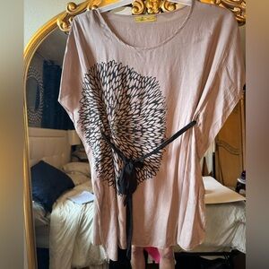 Tan and black sparkle tie waist blouse